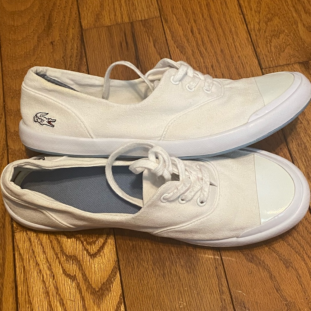 Women's White Canvas Patent Cap Toe Lacoste Lancelle Lace 3-Eye Sneakers Size 6